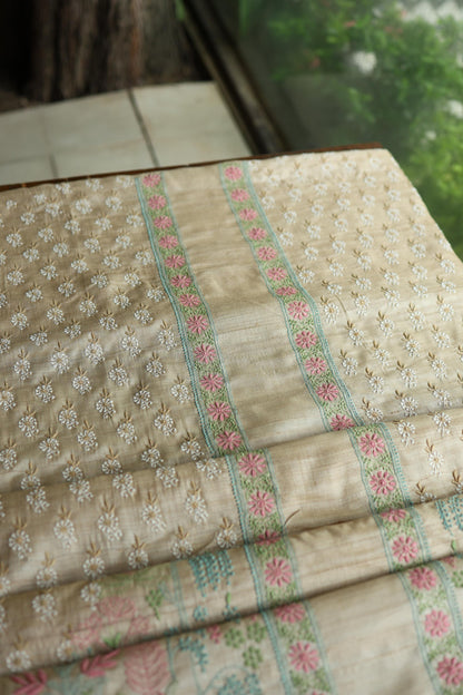 Intricate Natural Tussar Silk Chikankari RTW Jacket Unstitched Fabric