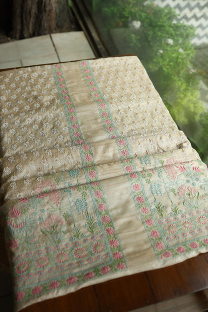 Intricate Natural Tussar Silk Chikankari RTW Jacket Unstitched Fabric