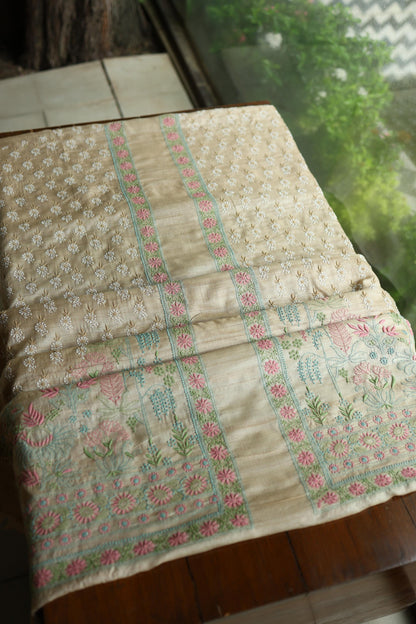 Intricate Natural Tussar Silk Chikankari RTW Jacket Unstitched Fabric