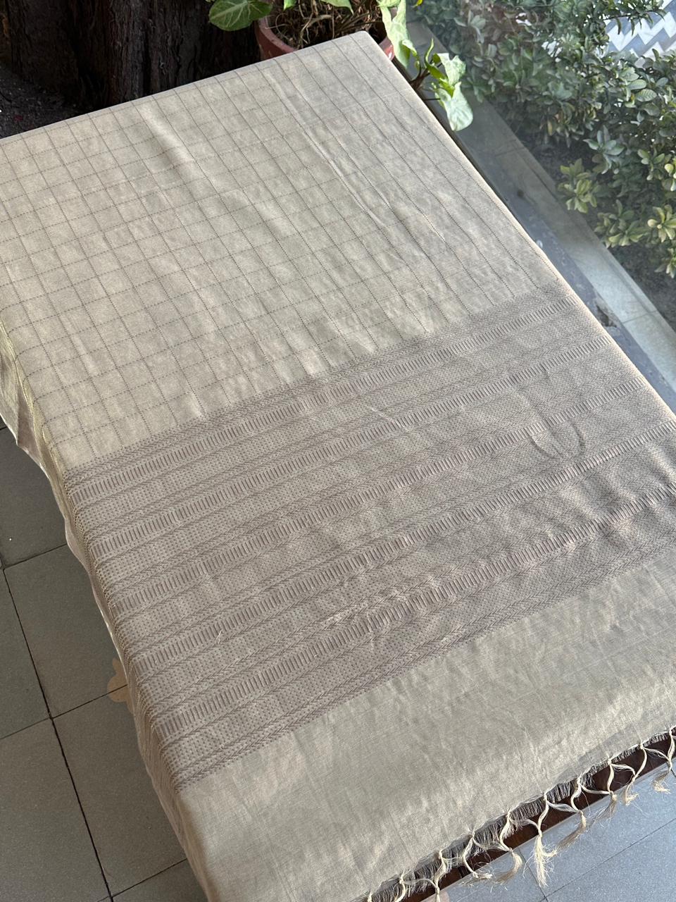 Ivory Beige Handloom Silk Woven Saree with Intricate Border Detailing