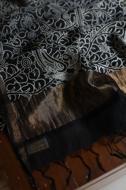 Ivory Mul Chanderi Silk Kalamkari Unstitched Kurta Dupatta Set