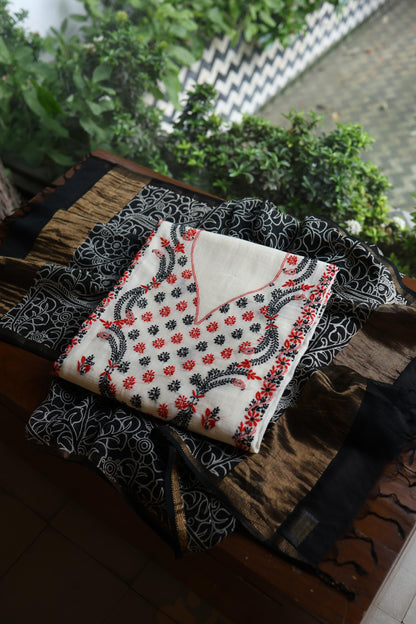 Ivory Mul Chanderi Silk Kalamkari Unstitched Kurta Dupatta Set