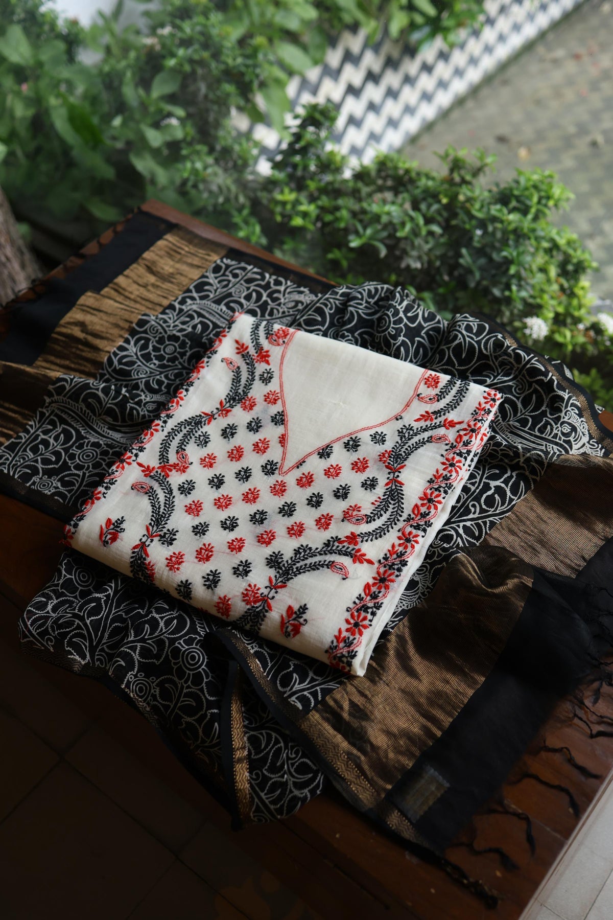 Ivory Mul Chanderi Silk Kalamkari Unstitched Kurta Dupatta Set