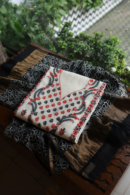 Ivory Mul Chanderi Silk Kalamkari Unstitched Kurta Dupatta Set