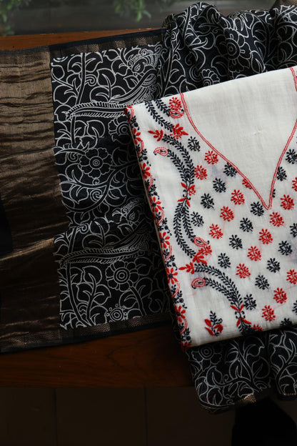 Ivory Mul Chanderi Silk Kalamkari Unstitched Kurta Dupatta Set