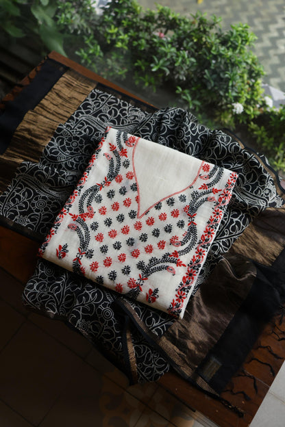 Ivory Mul Chanderi Silk Kalamkari Unstitched Kurta Dupatta Set