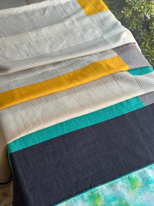 Ivory Multicolor Handloom Silk Saree with Color Block & Striped Weave