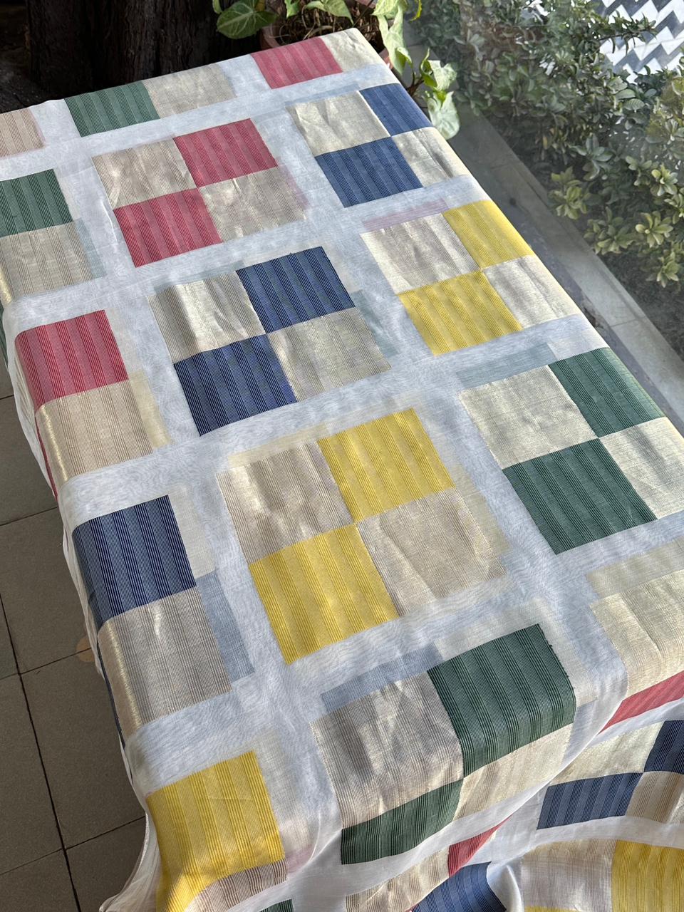 Ivory Multicolour Geometric Handloom Silk Saree