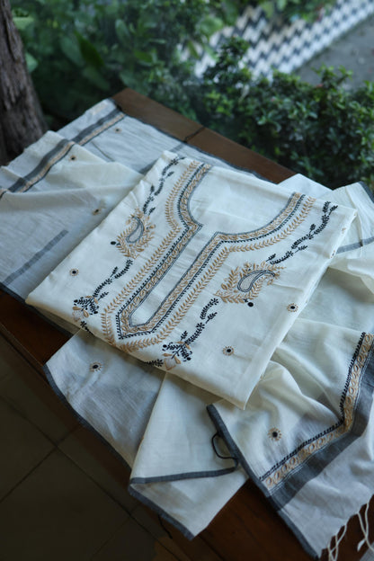Ivory Shade Dhaka Cotton Unstitched Kurta & Dupatta Set