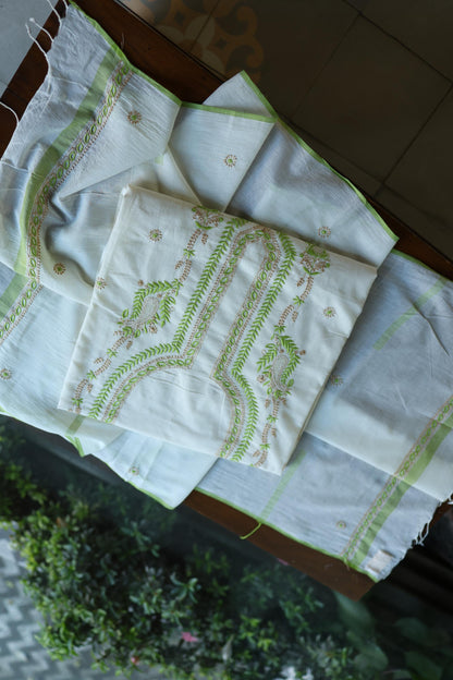 Ivory Shade Dhaka Cotton Unstitched Kurta & Dupatta Set