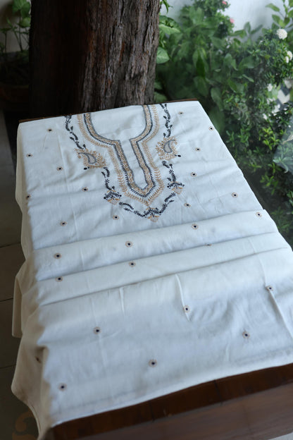 Ivory Shade Dhaka Cotton Unstitched Kurta & Dupatta Set