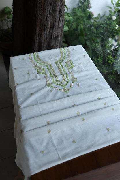Ivory Shade Dhaka Cotton Unstitched Kurta & Dupatta Set