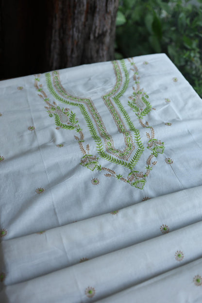 Ivory Shade Dhaka Cotton Unstitched Kurta & Dupatta Set