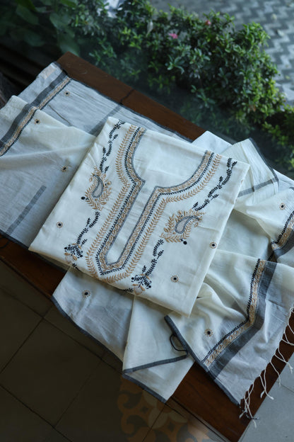 Ivory Shade Dhaka Cotton Unstitched Kurta & Dupatta Set