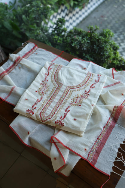 Ivory Shade Dhaka Cotton Unstitched Kurta & Dupatta Set