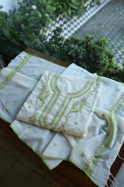 Ivory Shade Dhaka Cotton Unstitched Kurta & Dupatta Set