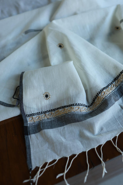 Ivory Shade Dhaka Cotton Unstitched Kurta & Dupatta Set