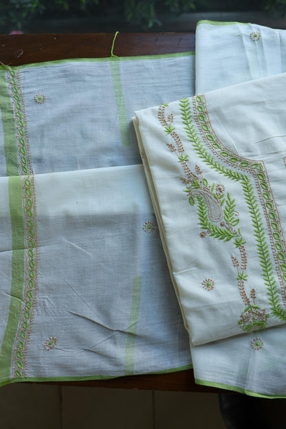 Ivory Shade Dhaka Cotton Unstitched Kurta & Dupatta Set