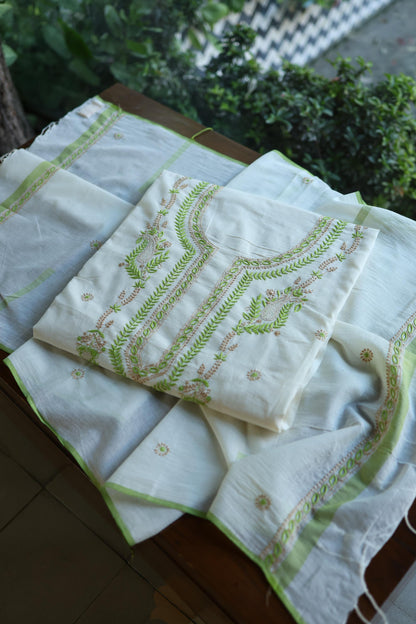 Ivory Shade Dhaka Cotton Unstitched Kurta & Dupatta Set