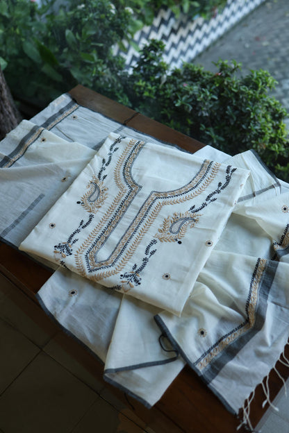 Ivory Shade Dhaka Cotton Unstitched Kurta & Dupatta Set