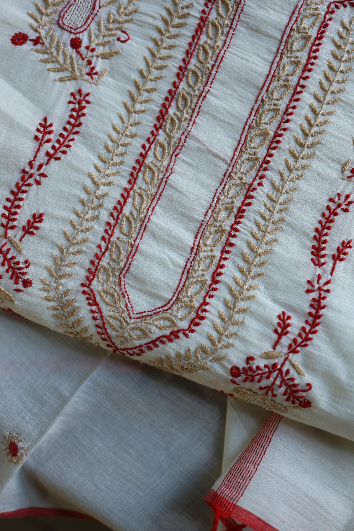 Ivory Shade Dhaka Cotton Unstitched Kurta & Dupatta Set