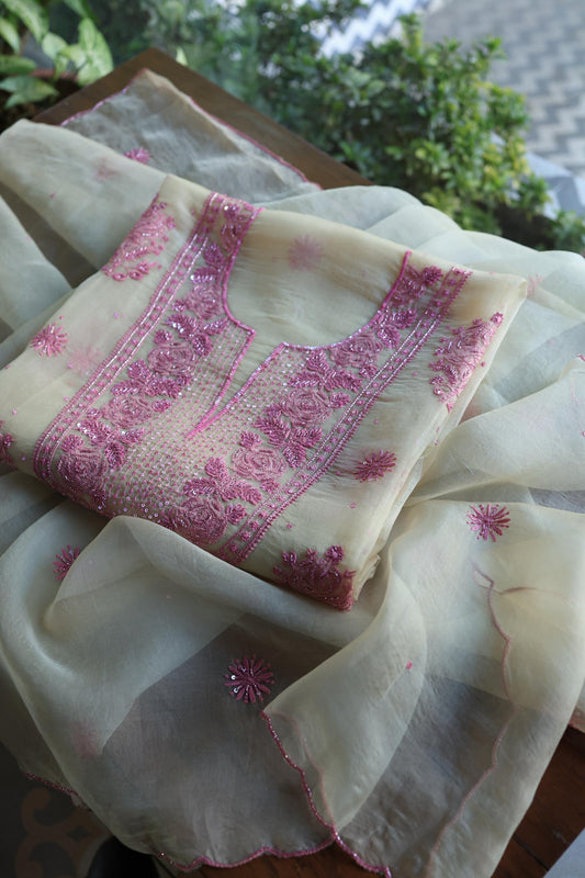 Ivory Shade Noor Organza Silk Chikankari Unstitched Kurta Dupatta Set