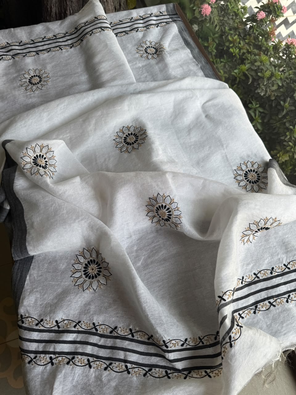 Ivory White Semi-Pashmina Stole with Black & Gold Floral Embroidery