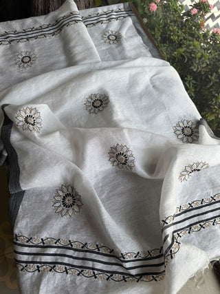 Ivory White Semi-Pashmina Stole with Black & Gold Floral Embroidery