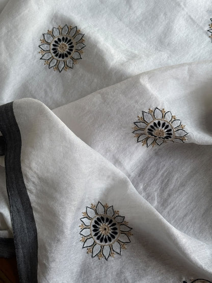 Ivory White Semi-Pashmina Stole with Black & Gold Floral Embroidery