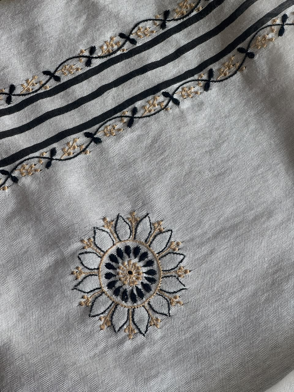 Ivory White Semi-Pashmina Stole with Black & Gold Floral Embroidery