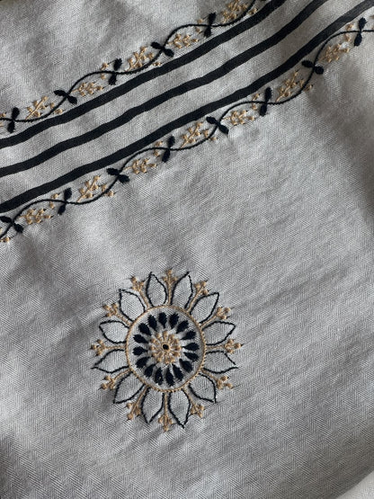 Ivory White Semi-Pashmina Stole with Black & Gold Floral Embroidery
