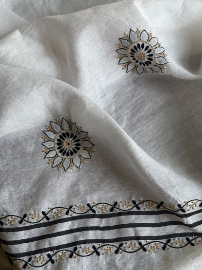 Ivory White Semi-Pashmina Stole with Black & Gold Floral Embroidery
