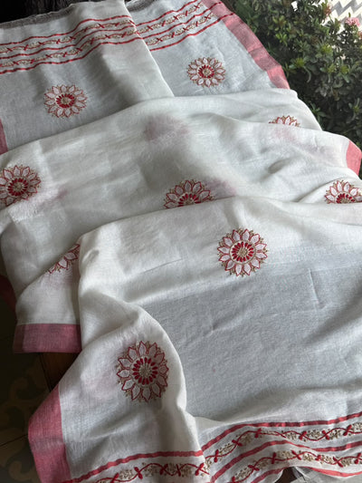 Ivory White Semi-Pashmina Stole with Red & Gold Floral Embroidery
