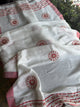 Ivory White Semi-Pashmina Stole with Red & Gold Floral Embroidery