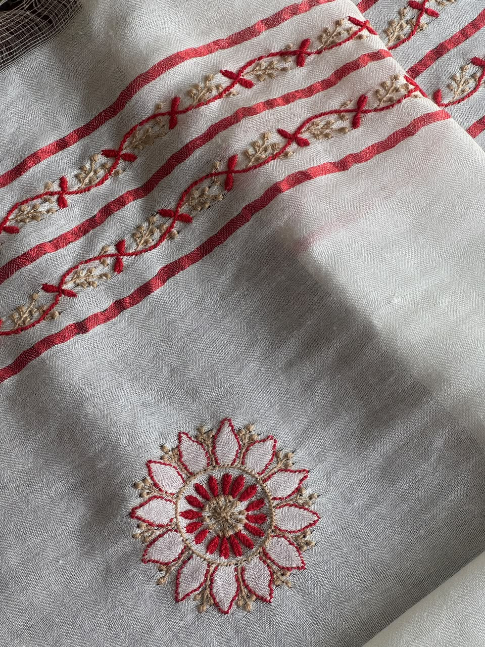 Ivory White Semi-Pashmina Stole with Red & Gold Floral Embroidery