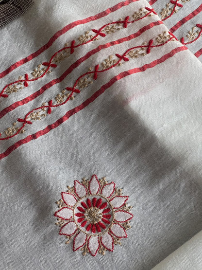 Ivory White Semi-Pashmina Stole with Red & Gold Floral Embroidery