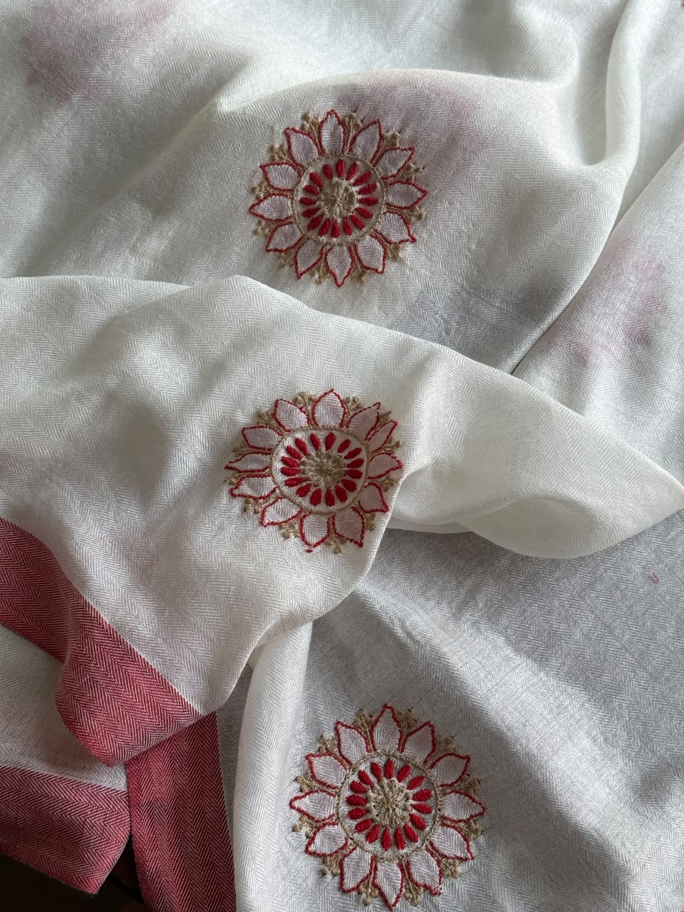 Ivory White Semi-Pashmina Stole with Red & Gold Floral Embroidery