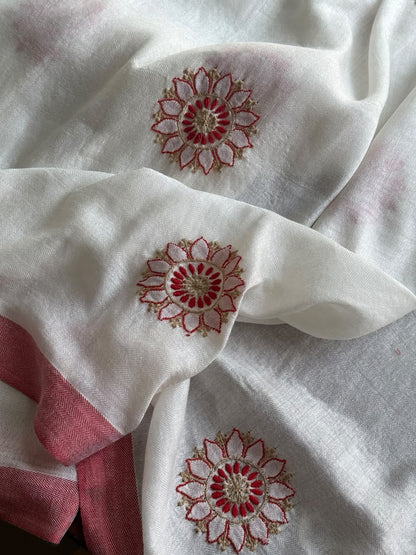 Ivory White Semi-Pashmina Stole with Red & Gold Floral Embroidery