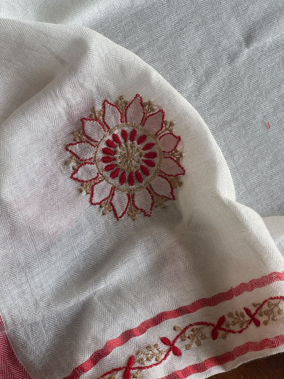 Ivory White Semi-Pashmina Stole with Red & Gold Floral Embroidery