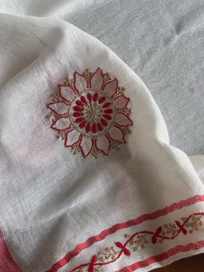 Ivory White Semi-Pashmina Stole with Red & Gold Floral Embroidery