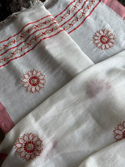 Ivory White Semi-Pashmina Stole with Red & Gold Floral Embroidery