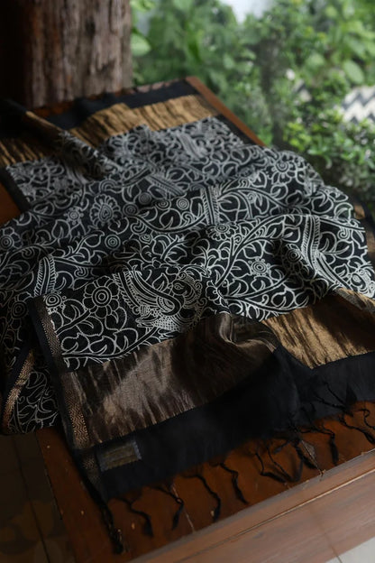 Ivory Mul Chanderi Silk Kalamkari Unstitched Kurta Dupatta Set