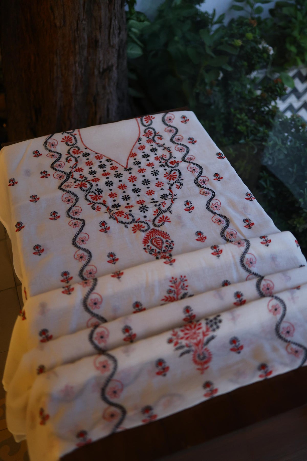 Ivory Mul Chanderi Silk Kalamkari Unstitched Kurta Dupatta Set