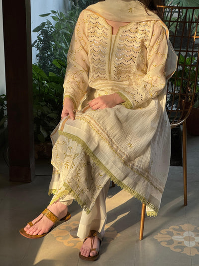 Ivory & Sage Green Mul Chanderi Mukaish Kamdani Chikankari Kurta Set