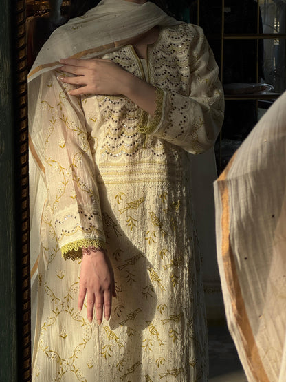 Ivory & Sage Green Mul Chanderi Mukaish Kamdani Chikankari Kurta Set
