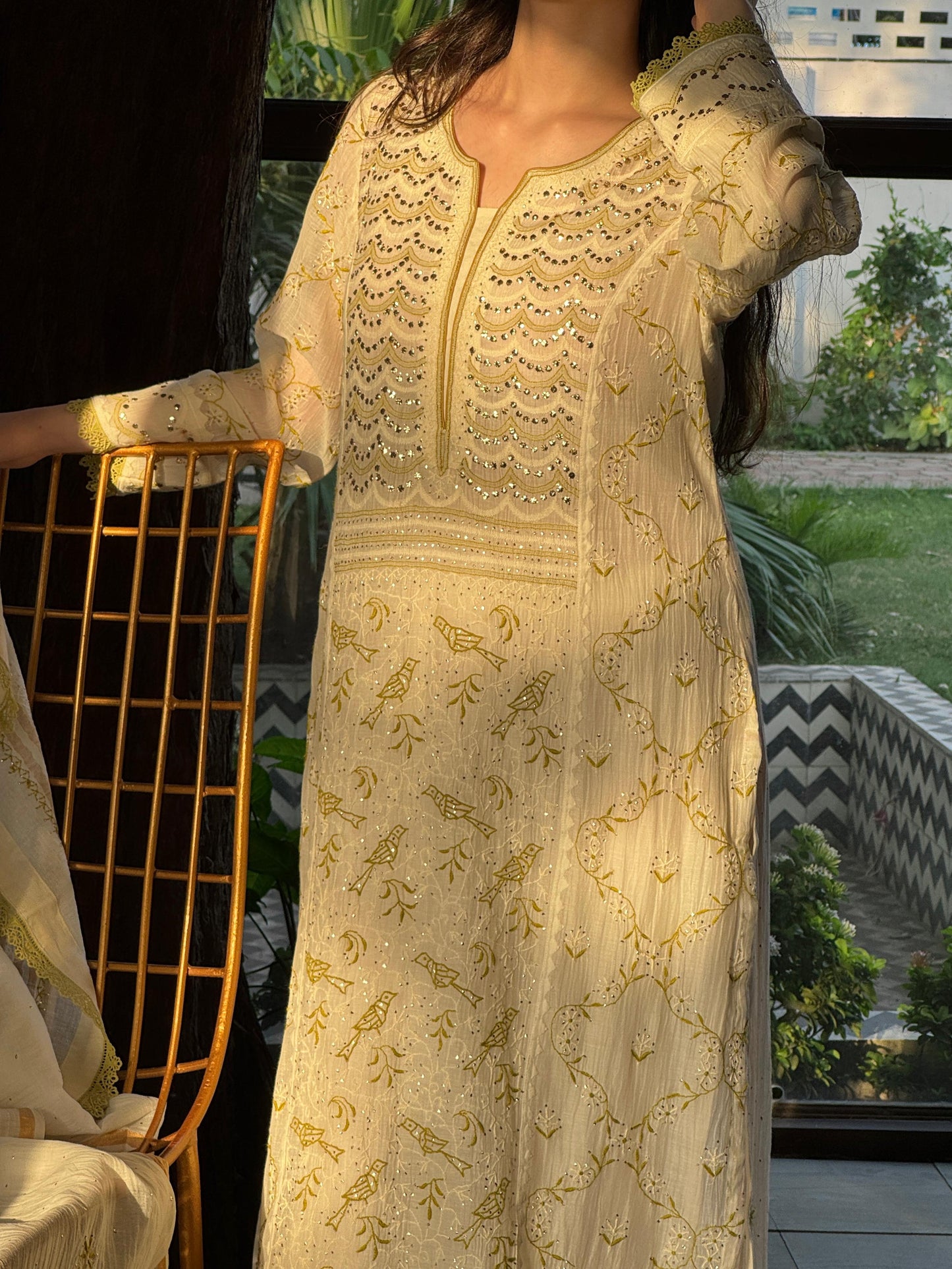 Ivory & Sage Green Mul Chanderi Mukaish Kamdani Chikankari Kurta Set