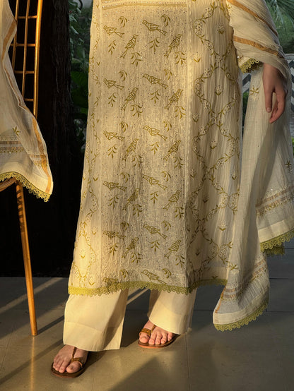 Ivory & Sage Green Mul Chanderi Mukaish Kamdani Chikankari Kurta Set