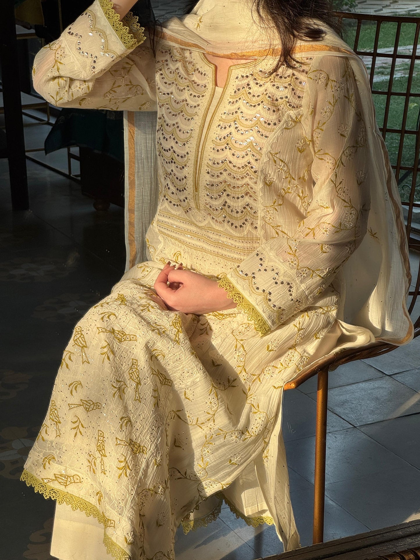 Ivory & Sage Green Mul Chanderi Mukaish Kamdani Chikankari Kurta Set