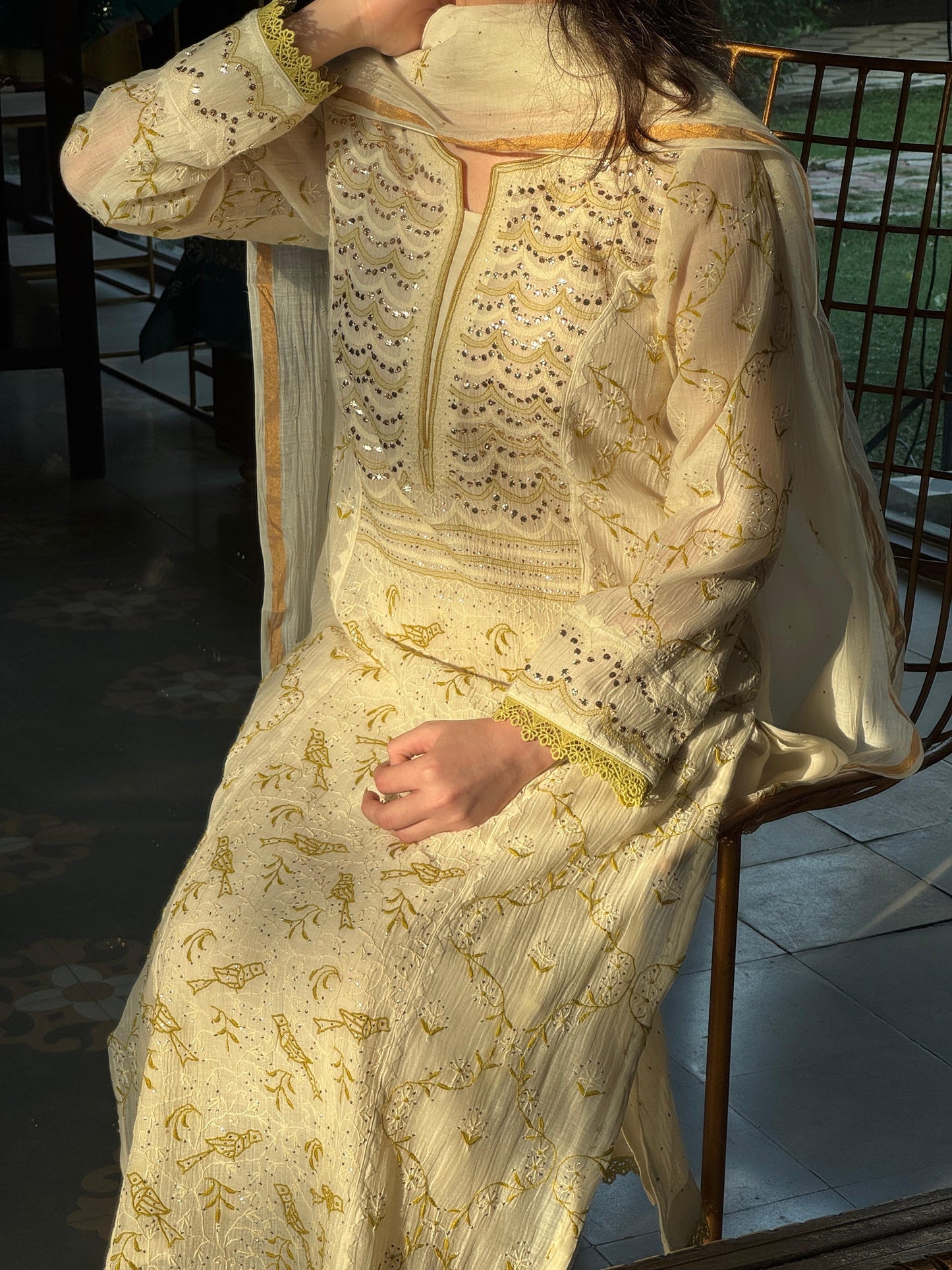 Ivory & Sage Green Mul Chanderi Mukaish Kamdani Chikankari Kurta Set
