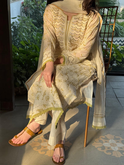 Ivory & Sage Green Mul Chanderi Mukaish Kamdani Chikankari Kurta Set
